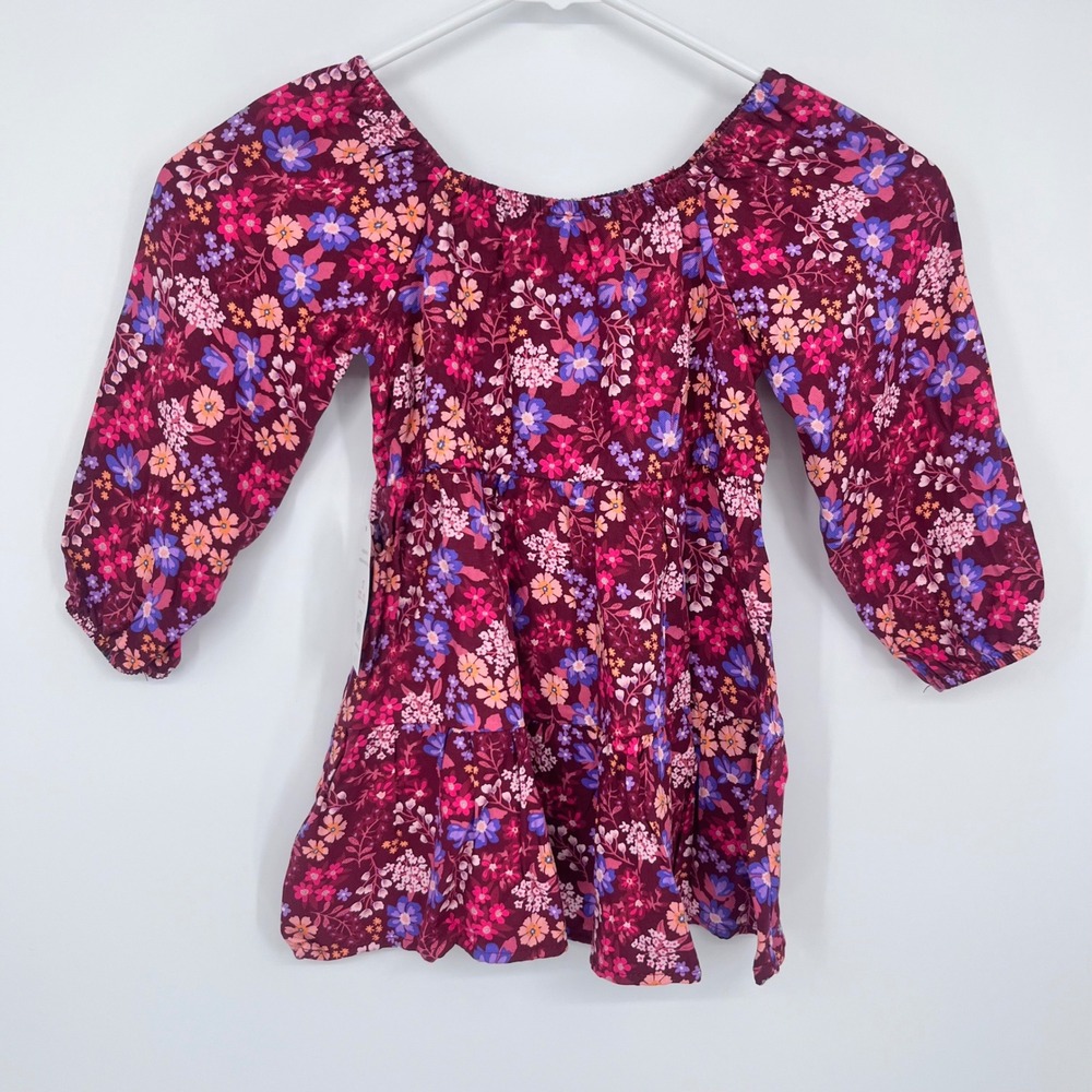 Long Sleeve Floral Dress Girls 2T Magenta Berry Tiered Boho Cottagecore Spring